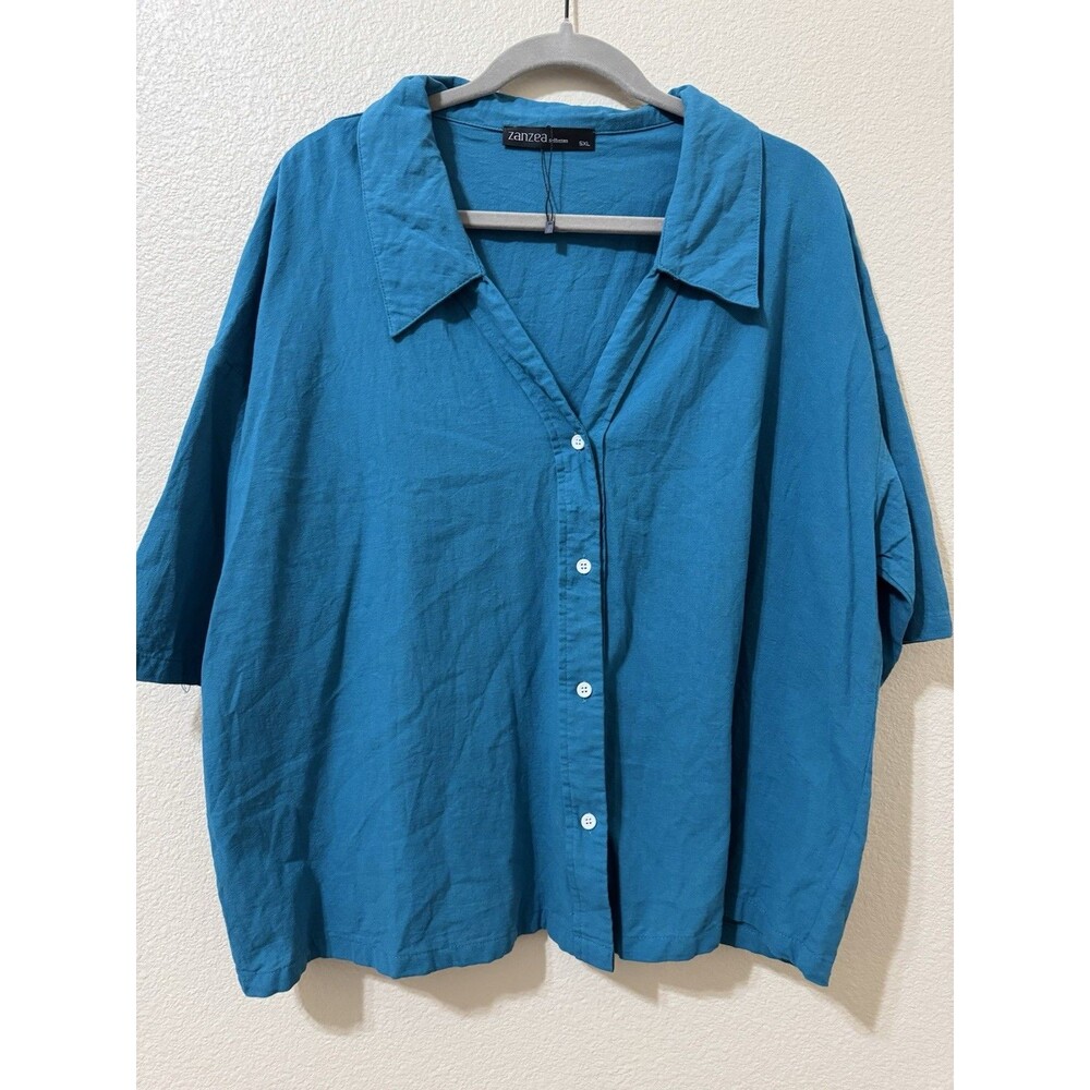 ZANZEA Women's 5XL Blue Short Sleeve Shirt 100% Cotton Button Up Plus Size